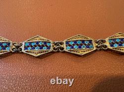 Vtg Antique 800 Silver Filigree Design Blue Enamel Bracelet with Gold Wash