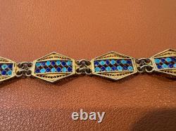 Vtg Antique 800 Silver Filigree Design Blue Enamel Bracelet with Gold Wash