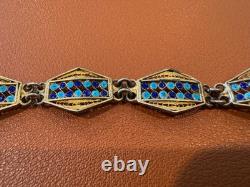 Vtg Antique 800 Silver Filigree Design Blue Enamel Bracelet with Gold Wash