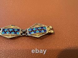 Vtg Antique 800 Silver Filigree Design Blue Enamel Bracelet with Gold Wash