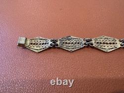 Vtg Antique 800 Silver Filigree Design Blue Enamel Bracelet with Gold Wash