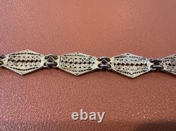 Vtg Antique 800 Silver Filigree Design Blue Enamel Bracelet with Gold Wash