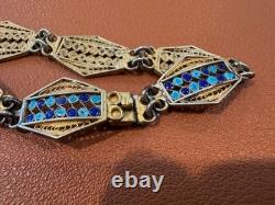 Vtg Antique 800 Silver Filigree Design Blue Enamel Bracelet with Gold Wash