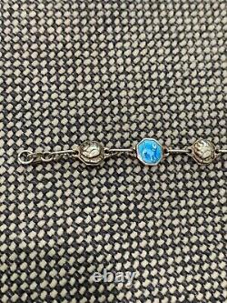 Vtg Antique Signed Silver & Blue Enamel Bracelet with Cat Roses & Woman Decoration