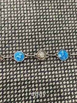 Vtg Antique Signed Silver & Blue Enamel Bracelet with Cat Roses & Woman Decoration