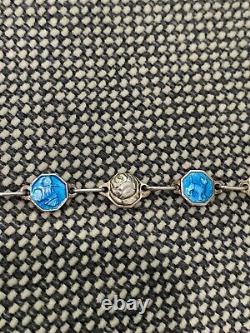 Vtg Antique Signed Silver & Blue Enamel Bracelet with Cat Roses & Woman Decoration