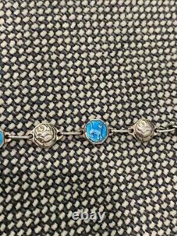 Vtg Antique Signed Silver & Blue Enamel Bracelet with Cat Roses & Woman Decoration