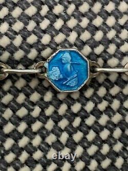 Vtg Antique Signed Silver & Blue Enamel Bracelet with Cat Roses & Woman Decoration