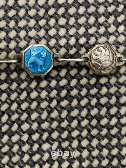 Vtg Antique Signed Silver & Blue Enamel Bracelet with Cat Roses & Woman Decoration