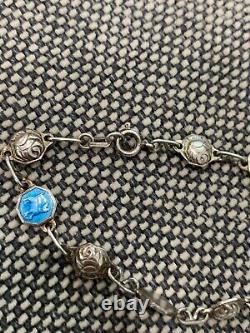 Vtg Antique Signed Silver & Blue Enamel Bracelet with Cat Roses & Woman Decoration