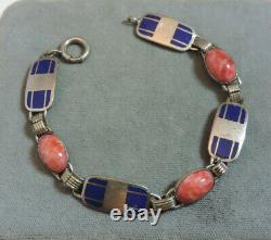 Vtg Art Deco Lapis Blue Enamel Silver Coral Glass Cabochon 7 Bracelet Cn 26.1