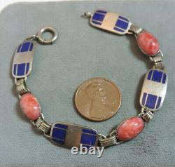 Vtg Art Deco Lapis Blue Enamel Silver Coral Glass Cabochon 7 Bracelet Cn 26.1