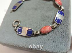 Vtg Art Deco Lapis Blue Enamel Silver Coral Glass Cabochon 7 Bracelet Cn 26.1