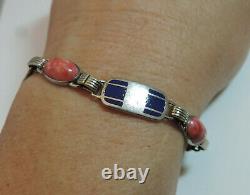 Vtg Art Deco Lapis Blue Enamel Silver Coral Glass Cabochon 7 Bracelet Cn 26.1