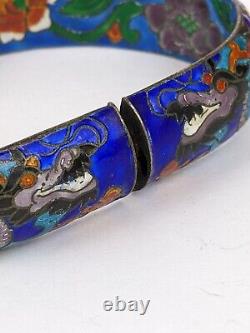 Vtg Chinese Export Sterling Cloisonne Enamel Dragon Large Size Bangle Bracelet