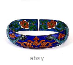 Vtg Chinese Export Sterling Cloisonne Enamel Dragon Large Size Bangle Bracelet