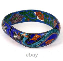 Vtg Chinese Export Sterling Cloisonne Enamel Dragon Large Size Bangle Bracelet