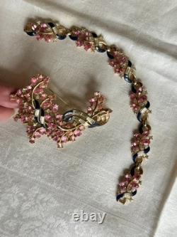 Vtg Crown TRIFARI Alfred Philippe Pink Rhinestone Blue Enamel Brooch Bracelet