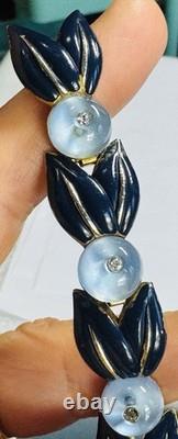 Vtg Crown Trifari Blue Glass Shoe Button Enamel Bracelet & Screw Earrings Set