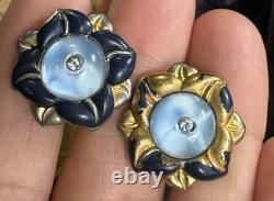 Vtg Crown Trifari Blue Glass Shoe Button Enamel Bracelet & Screw Earrings Set