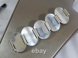 Vtg Etruscan Revival Xtra Wide Lapis Czech Glass Silver Tone Panel Bracelet