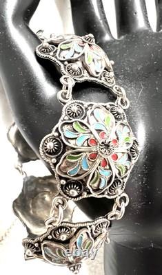 Vtg Filigree Flower Bracelet 925 Sterling Wire Enamel Blue Red Green Unique 24g