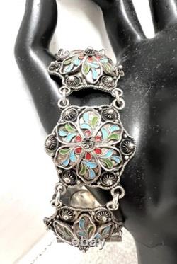Vtg Filigree Flower Bracelet 925 Sterling Wire Enamel Blue Red Green Unique 24g
