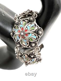 Vtg Filigree Flower Bracelet 925 Sterling Wire Enamel Blue Red Green Unique 24g
