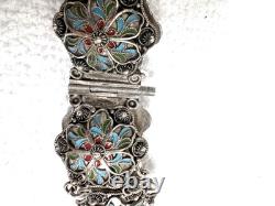 Vtg Filigree Flower Bracelet 925 Sterling Wire Enamel Blue Red Green Unique 24g