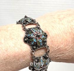 Vtg Filigree Flower Bracelet 925 Sterling Wire Enamel Blue Red Green Unique 24g