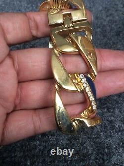 Vtg Givenchy Paris New York Modernist Blue Enamel rhinestone Gold Tone bracelet