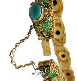 Vtg Gold Gilt 925 Sterling Silver Chinese Export Enamel Turquoise Bracelet
