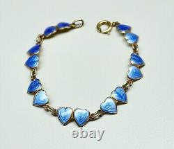 Vtg Guilloche Blue Enamel Double Heart Sterling Vermeil Bracelet Norway 6.25