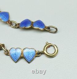 Vtg Guilloche Blue Enamel Double Heart Sterling Vermeil Bracelet Norway 6.25