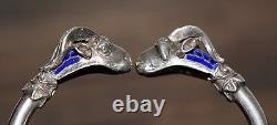 Vtg Handcrafted Sterling Silver 925 Blue Enamel Mosaic Ram Head Cuff Bracelet