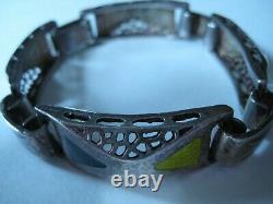 Vtg Italian Sterling Silver Blue Green Black Enamel 4 Panel Link Bracelet 7 1/4