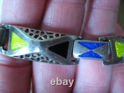 Vtg Italian Sterling Silver Blue Green Black Enamel 4 Panel Link Bracelet 7 1/4