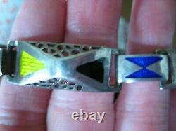 Vtg Italian Sterling Silver Blue Green Black Enamel 4 Panel Link Bracelet 7 1/4