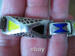 Vtg Italian Sterling Silver Blue Green Black Enamel 4 Panel Link Bracelet 7 1/4