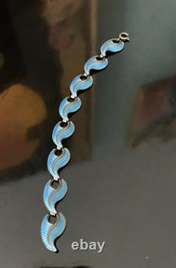 Vtg. Jacob J. Tostrup Norway Blue Enamel Guilloche Sterling Silver Wave Bracelet