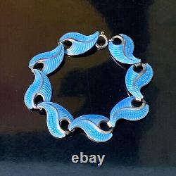 Vtg. Jacob J. Tostrup Norway Blue Enamel Guilloche Sterling Silver Wave Bracelet