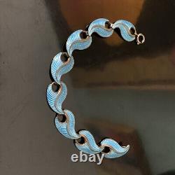 Vtg. Jacob J. Tostrup Norway Blue Enamel Guilloche Sterling Silver Wave Bracelet