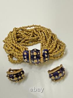Vtg KJL Kenneth Jay Lane Blue Enamel Gold-tone Bracelet & Matching Clip Earrings