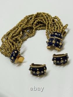Vtg KJL Kenneth Jay Lane Blue Enamel Gold-tone Bracelet & Matching Clip Earrings