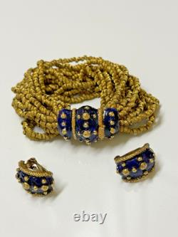 Vtg KJL Kenneth Jay Lane Blue Enamel Gold-tone Bracelet & Matching Clip Earrings