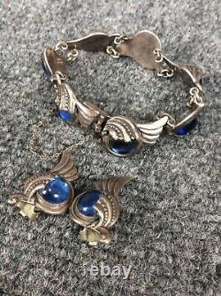 Vtg Margot de Taxco sterling silver 925 blue glass bracelet earrings set