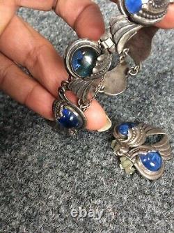 Vtg Margot de Taxco sterling silver 925 blue glass bracelet earrings set