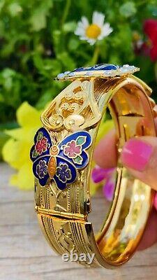 Vtg Pat. P Cloisonné Enamel Blue Flowers & Butterflies Hinged Bangle Bracelet