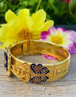 Vtg Pat. P Cloisonné Enamel Blue Flowers & Butterflies Hinged Bangle Bracelet
