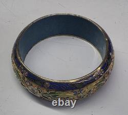 Vtg Raised Cloisonne Textured Champleve Multi-color Enamel Bangle Bracelet Blue